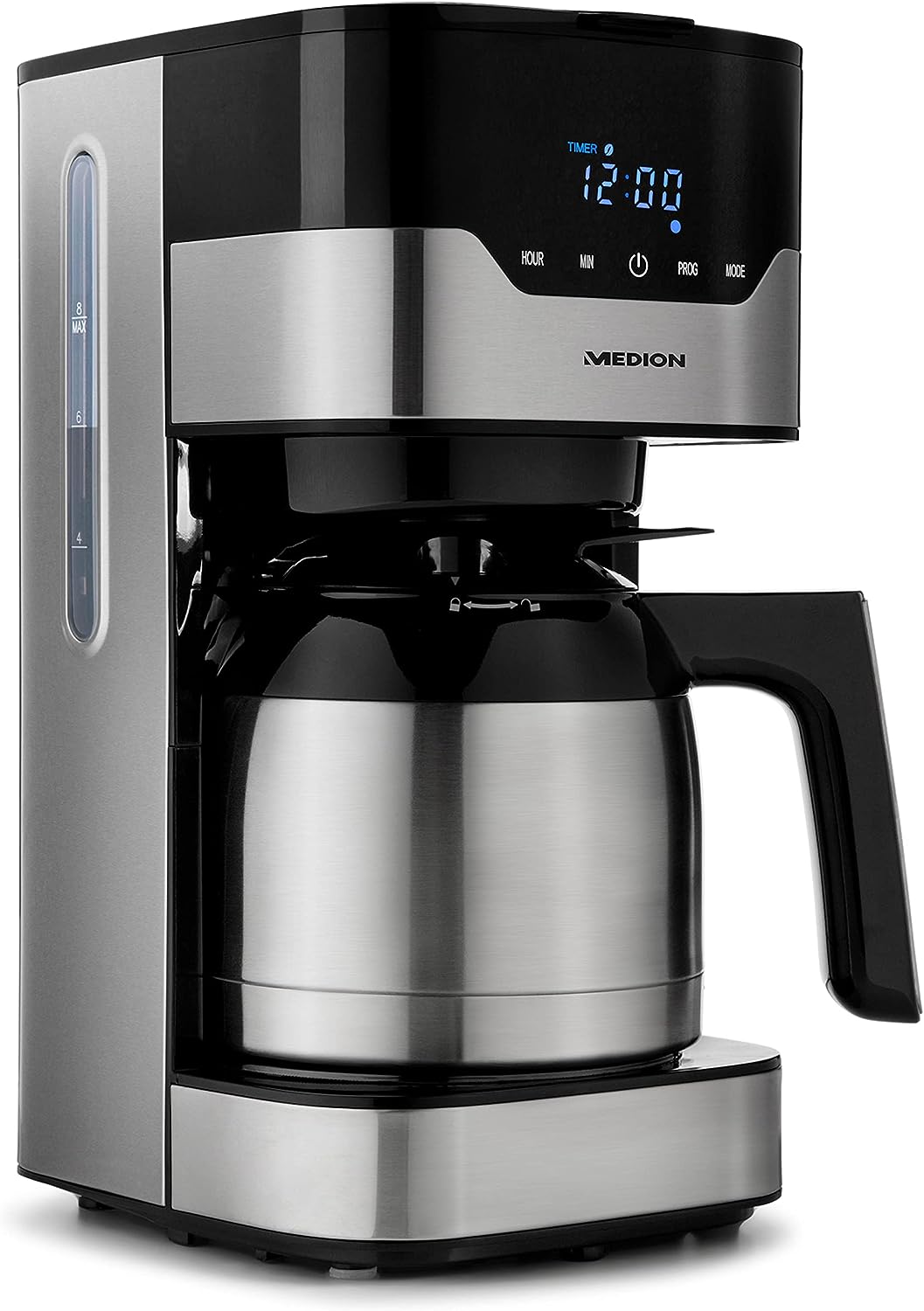 MEDION Coffee Machine with Thermos Flask and Timer (Filter Machine, 8-10 Cups, 1.2 Litres, 900 Watt, 3 Levels, Keep Warming Function, Timer , Anti-Drip, Display, MD18458) Stainless Steel