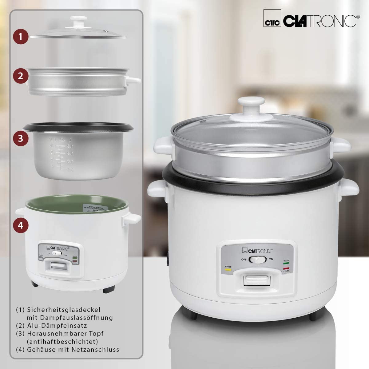 Clatronic RK 3566 Rice Cooker White Steamer Removable Pot
