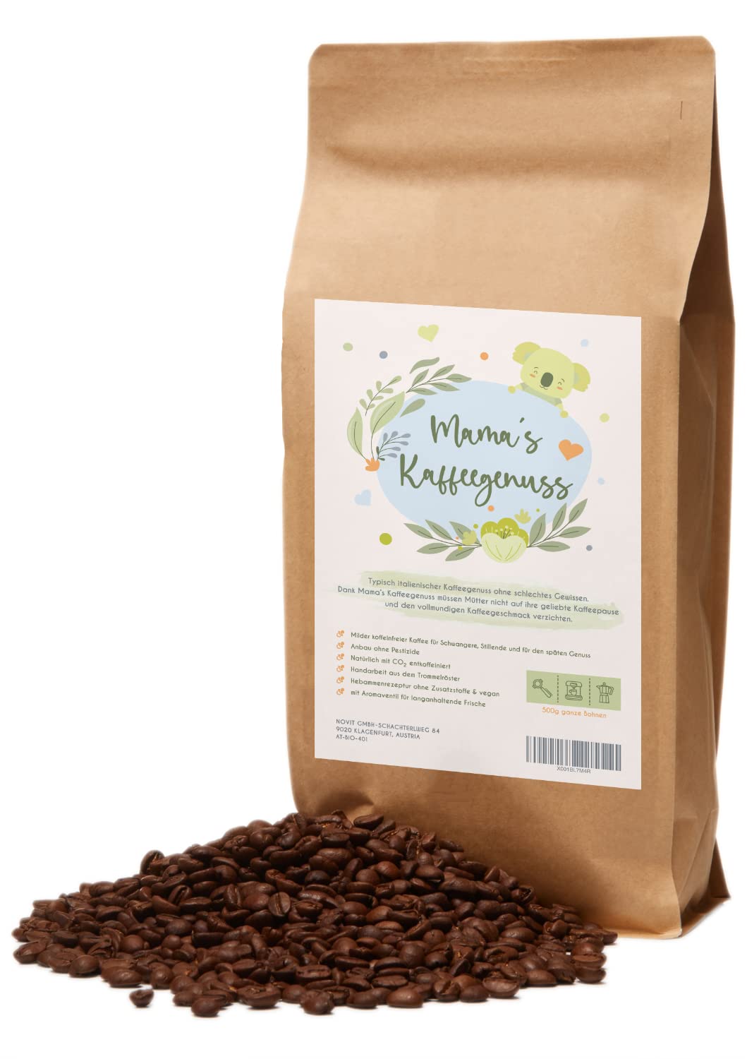 Mama's coffee enjoyment ®binky - espresso beans decaf cremoso - natural CO² decaffeination - gently drum-roasted in Italy - ideal during and after pregnancy
