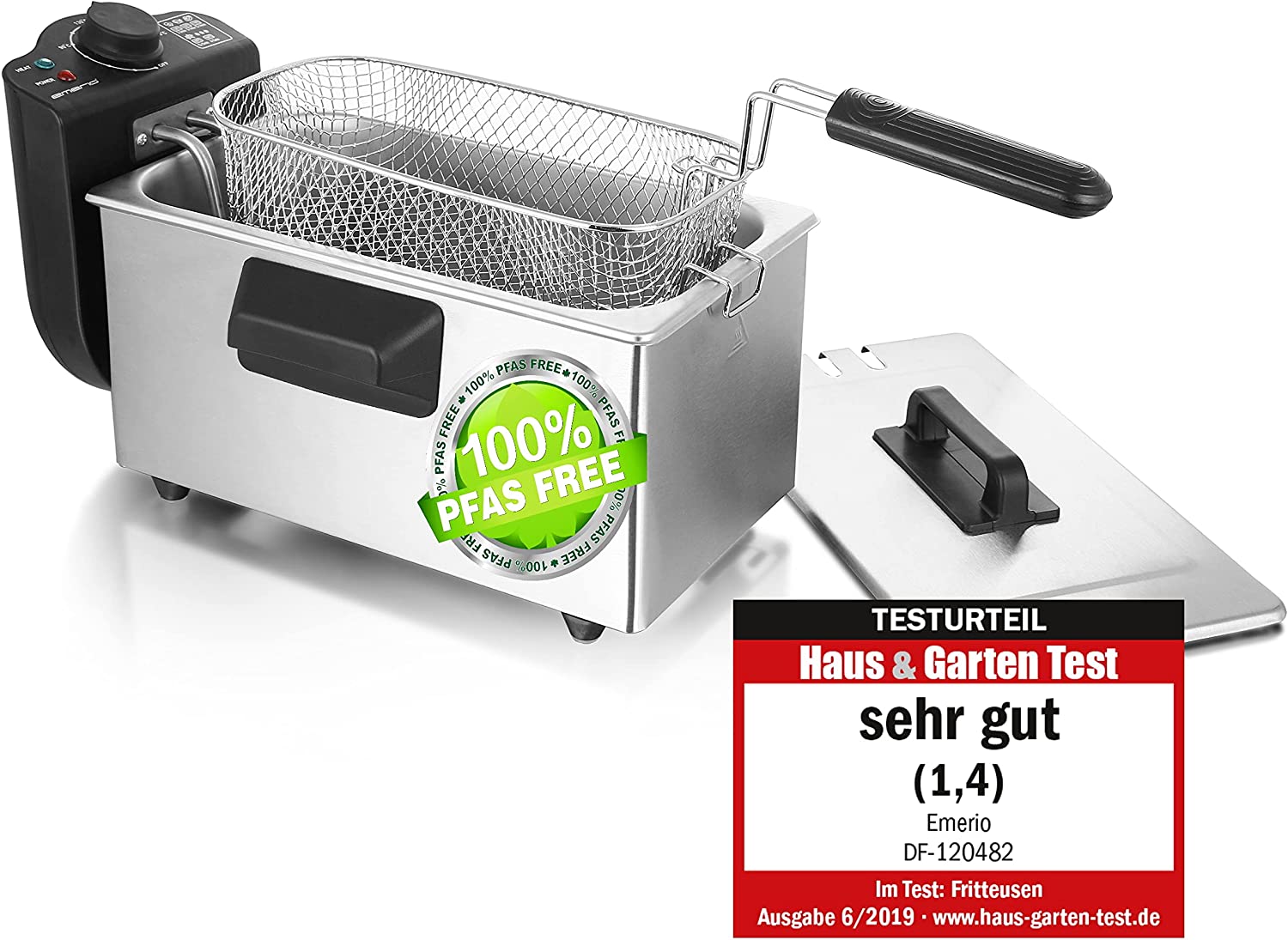 Emerio 3.0 L oil fryer with cold zone technology, \"very good 1.4\" tested by Haus & Garten 06/2019, no more bitter taste, cold zone fryer with 2000 W, stainless steel tank, BPA-free