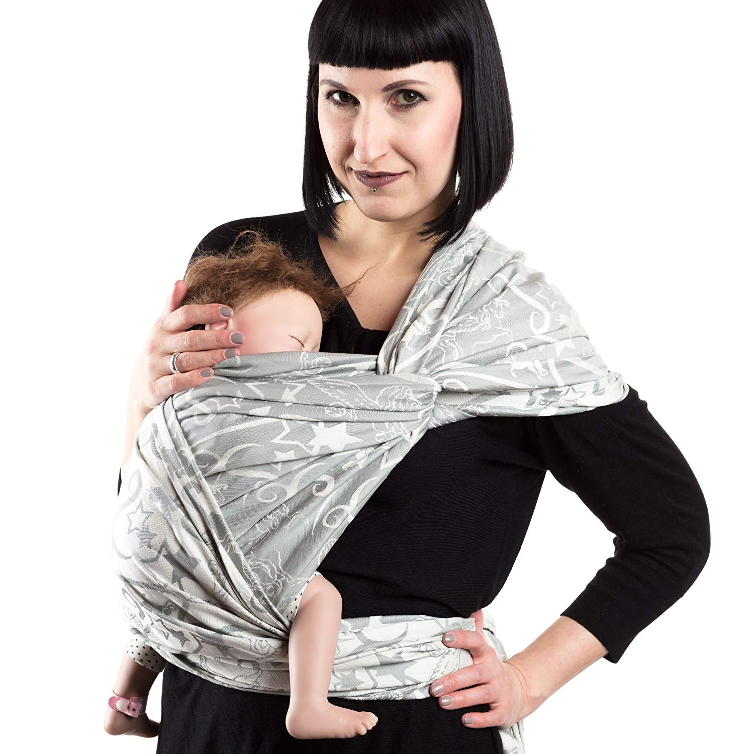 SCHMUSEWOLKE Baby Carrier Sling Jacquard Magic Grey Organic Cotton 80 x 470 cm Baby Size Toddler 9-60 Months 6-16 kg Belly and Back Carrier Cloth