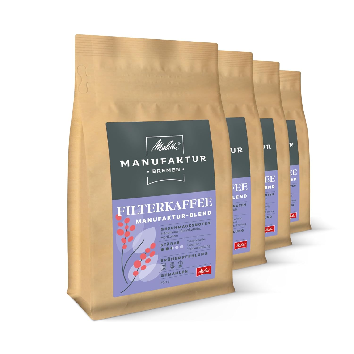 Melitta Manufaktur-Kaffee Filter Coffee Specialty Coffee, 4 x 500 g, Ground, Farm and Region Coffee from Brazil and Nicaragua, Roasted in Germany, Thickness 2.5 in Tray