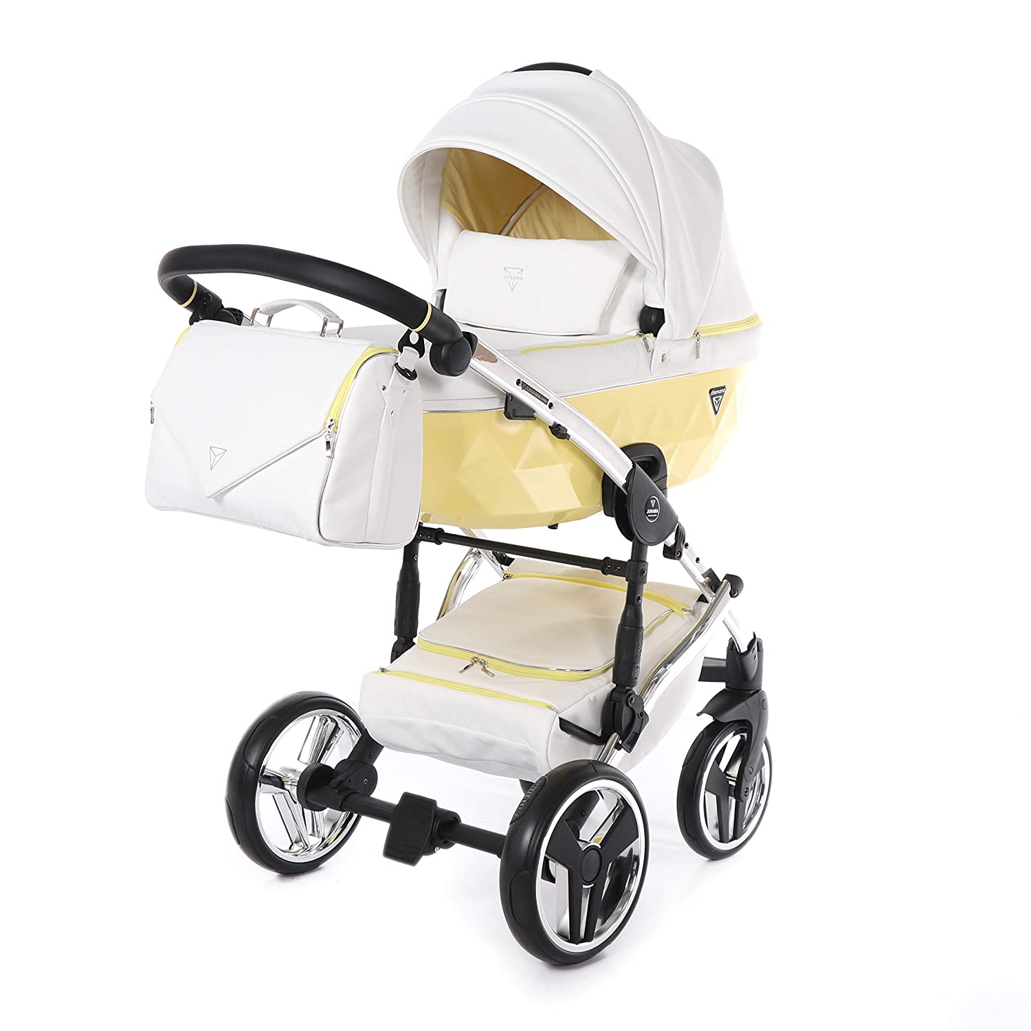 Combi Children\'s Pram Set JUNAMA CANDY Pushchair Buggy Baby Seat + Accessories (Junama Candy 03 White Leather – Banana Yellow, 3-in-1)