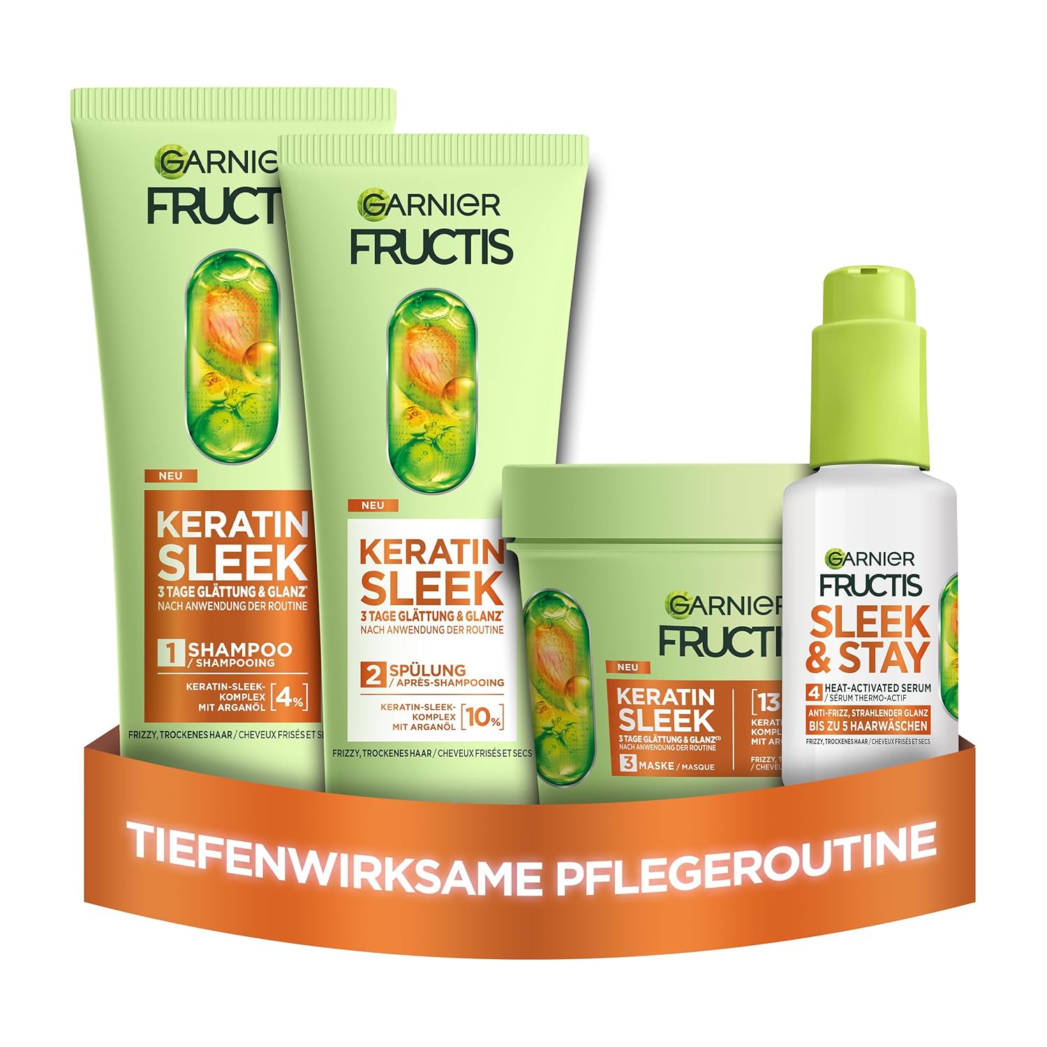 Garnier Fructis Keratin Sleek Care Set with Shampoo, Conditioner, Mask and Serum, with Argan Oil and Keratin Sleek Complex for Dry and Frizz Prone Hair
