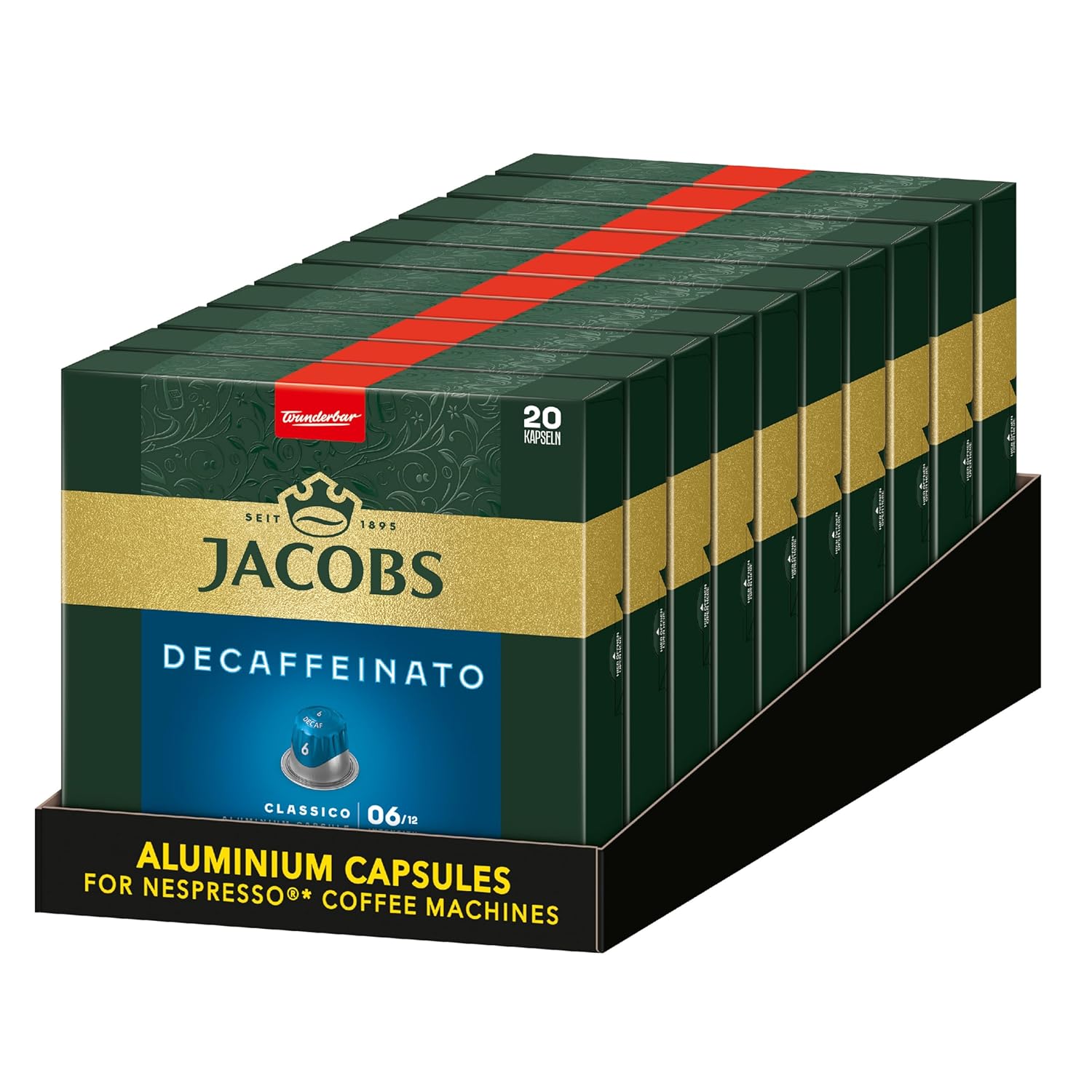 Jacobs Coffee Capsules Lungo Decaffeinato Intensity 6-200 Nespresso Compatible Capsules, Pack of 10, 10 x 20 Drinks