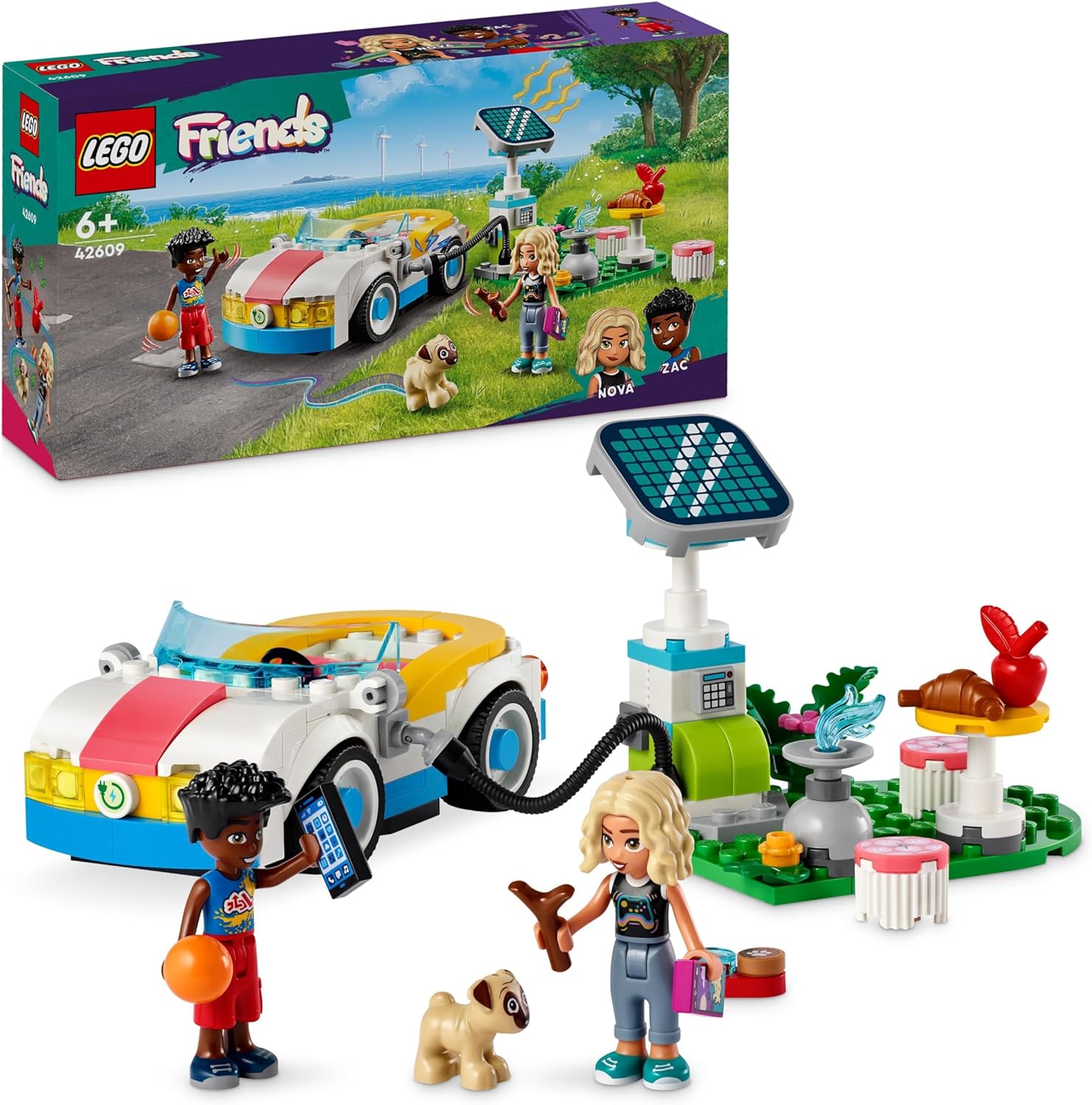 LEGO Friends 42609 Electric Car with Charging Station, Electric Car for Children, Car Toy for Role Play with Nova and Zac Figures, Small Set, Gift for Girls and Boys from 6 Years