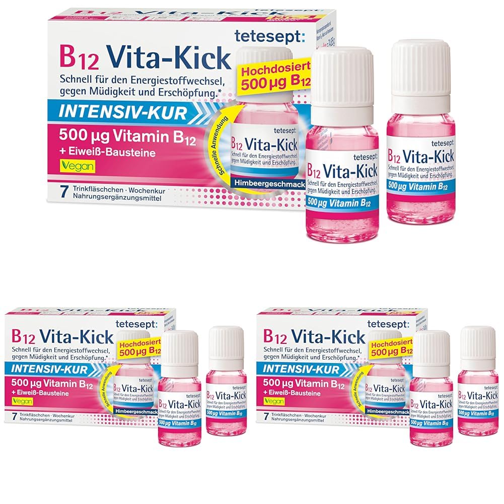 tetesept B12 Vita-Kick Drinking Ampoules Intensive Treatment - Dietary Supplement for Energy Metabolism, Against Exhaustion - High Dose Vitamin B12 Ampoules - Weekly Pack of 7 Drinking Bottles