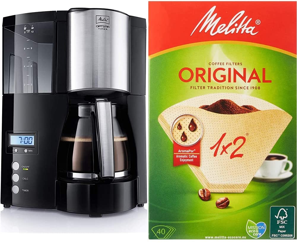 Melitta 6613648 Optima Timer 100801 Filter Coffee Machine with Timer Function, Black and Filter Bags Natural Brown 1 x 2 / 40
