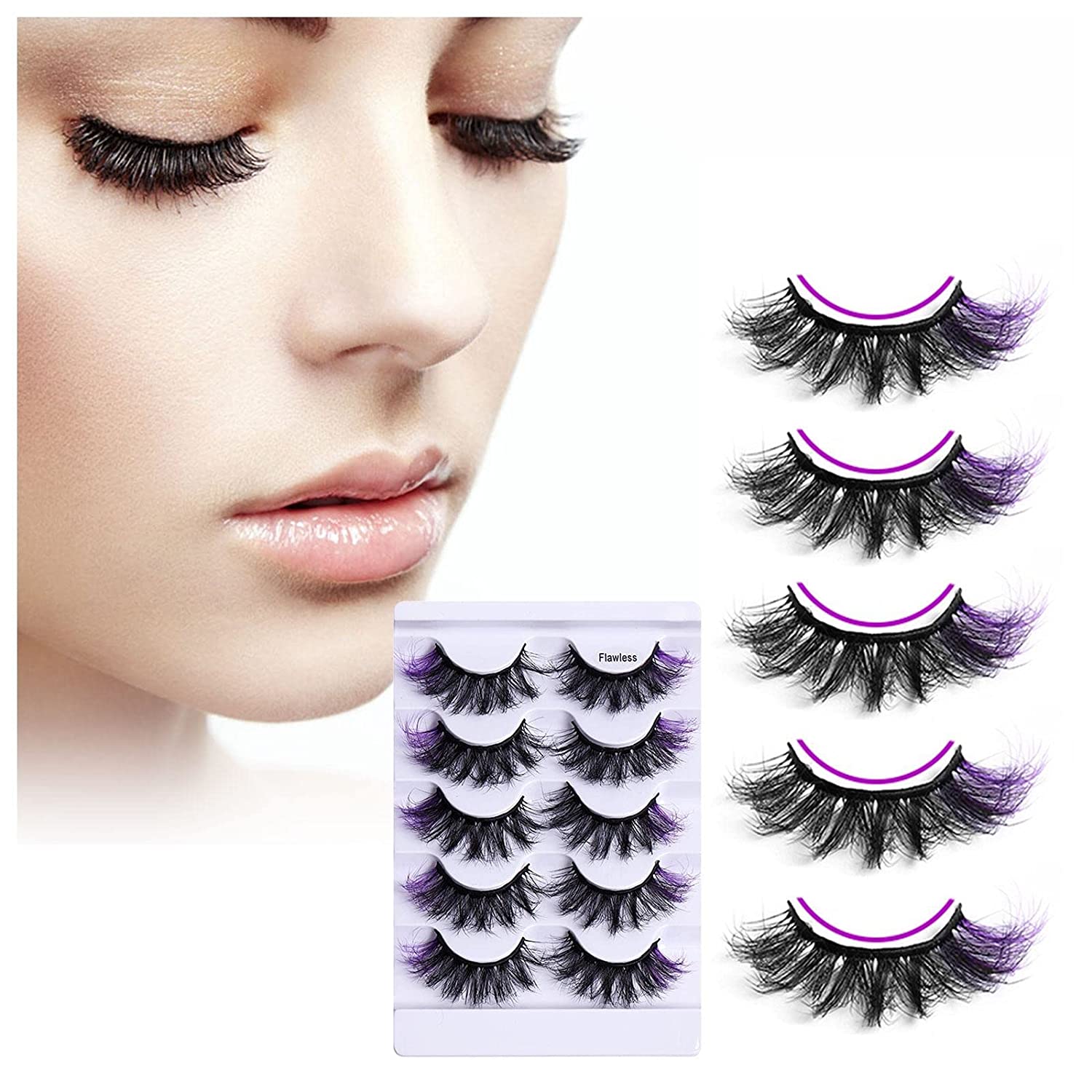 Generic 5 Pairs of 3D Colourful False Eyelashes, Like Volume Eyelash Extensions Look, Natural Artificial Eyelash Extensions Set, for Theme Party, Carnival, Cosplay Aake-Up Party, Stage Costume (D), 