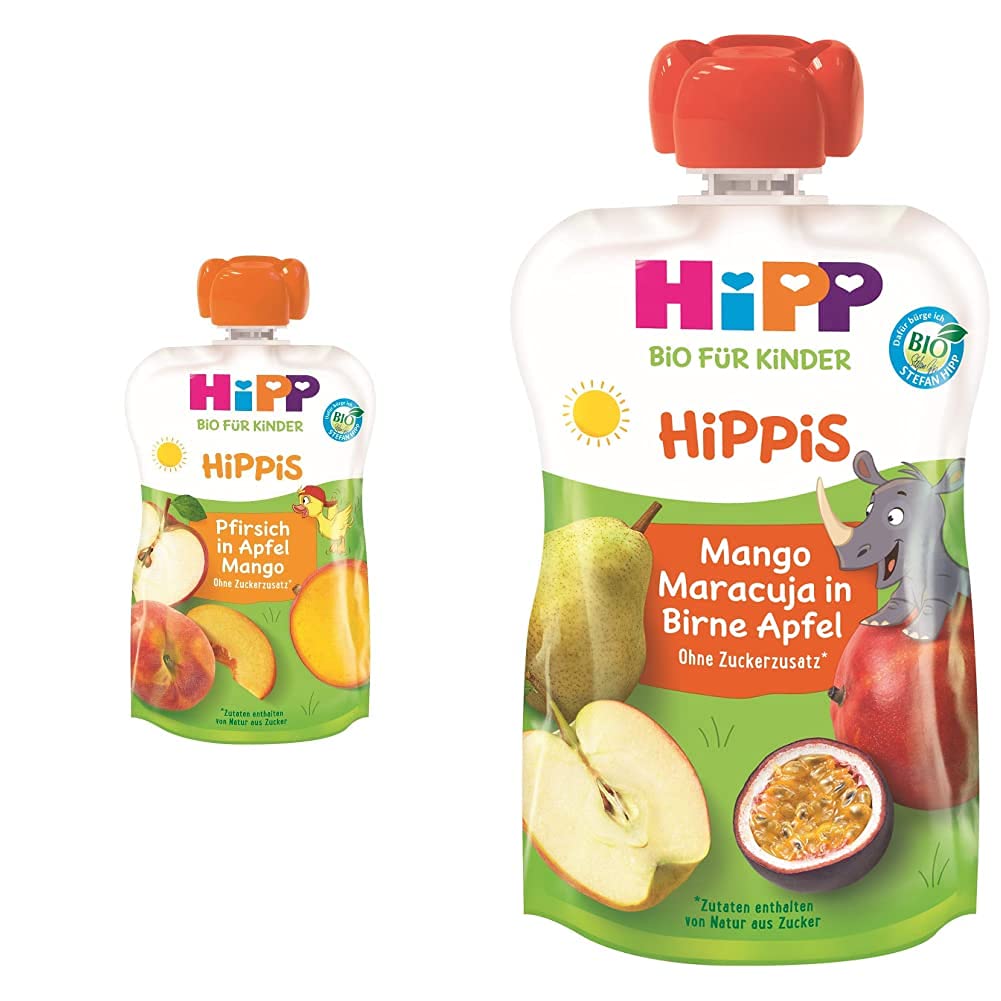 HiPP HiPPiS Quetschbeutel, Pfirsich in Apfel-Mango, 100% Bio-Früchte ohne Zuckerzusatz, 6 x 100 g Beutel & HiPPiS Quetschbeutel, Mango-Maracuja in Birne-Apfel, 6 x 100 g Beutel