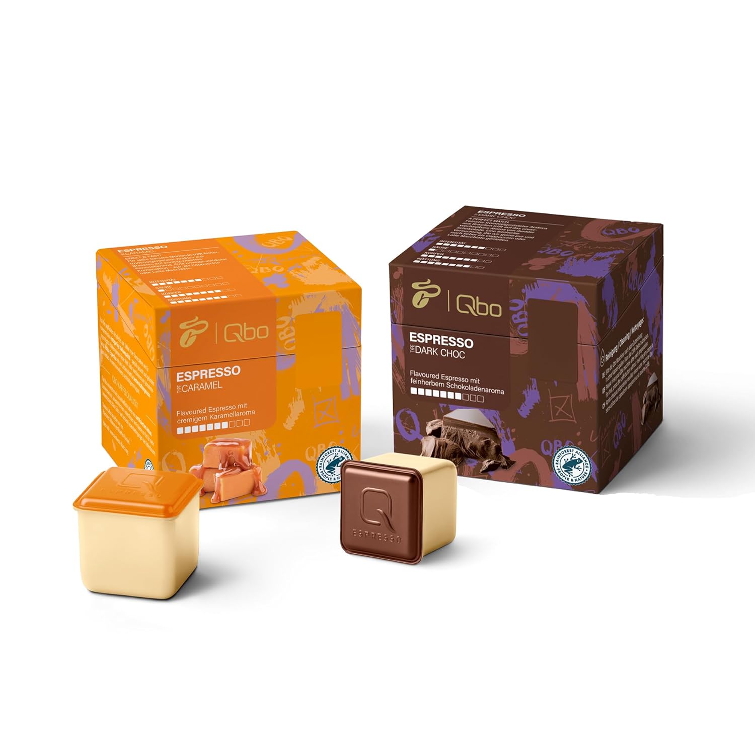 Tchibo Qbo Espresso Caramel & Dark Chocolate Premium Coffee Capsules, 2 x 8 Pieces (Espresso, Intensity 7/10, Aromatic and Chocolate) Sustainable, Made from 70% Renewable Raw Materials