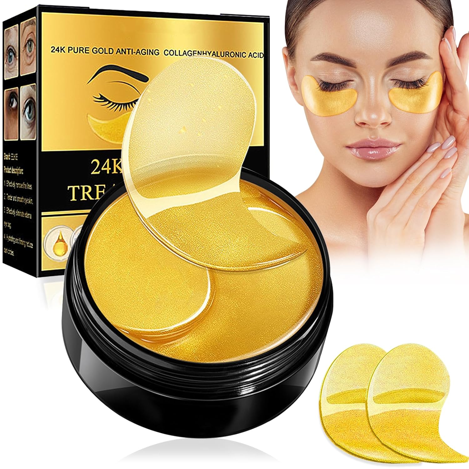 24K Gold Eye Pads, 60 Pieces, Eye Mask Against Dark Circles, Dark Circles Removal, with Cooling Moisture, Reduces Bags and Swelling, Gifts for Women