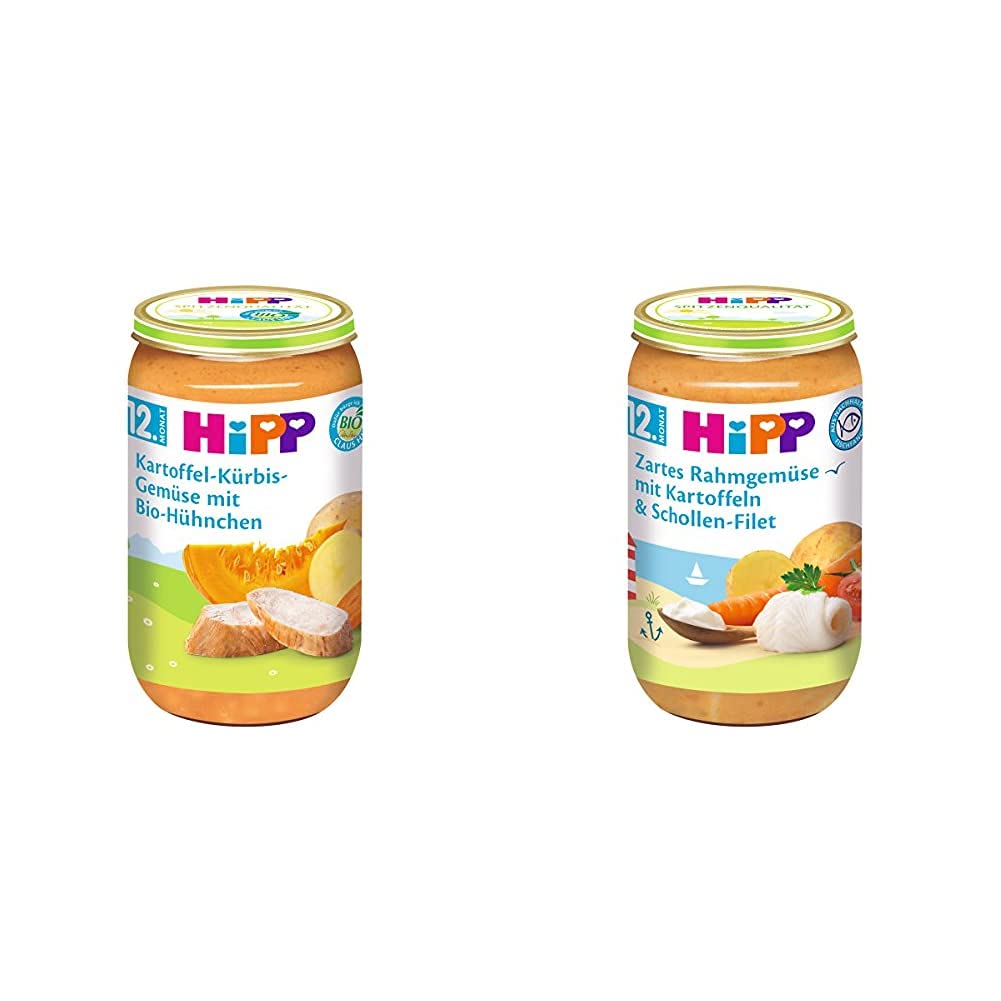 HiPP Kartoffel-Kürbis-Gemüse mit Bio-Hühnchen, 6er Pack (6 x 250 g) & Zartes Rahmgemüse mit Kartoffeln und Schollen-Filet, 6er Pack (6 x 250 g)