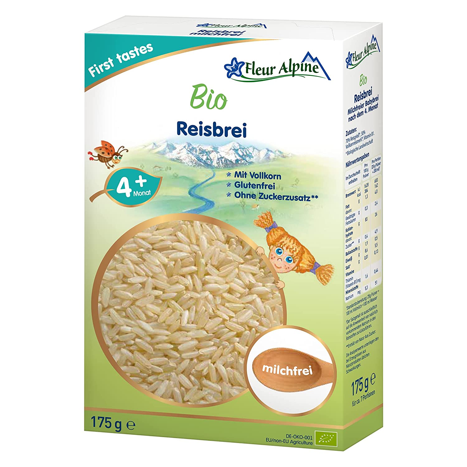 FLEUR ALPINE Bio Reisbrei Babynahrung – Frühstücksbrei | Nahrhaft und glutenfrei | einfache Zubereitung | Getreidebrei 4+ Monate ohne Zuckerzusatz | 7 Portionen
