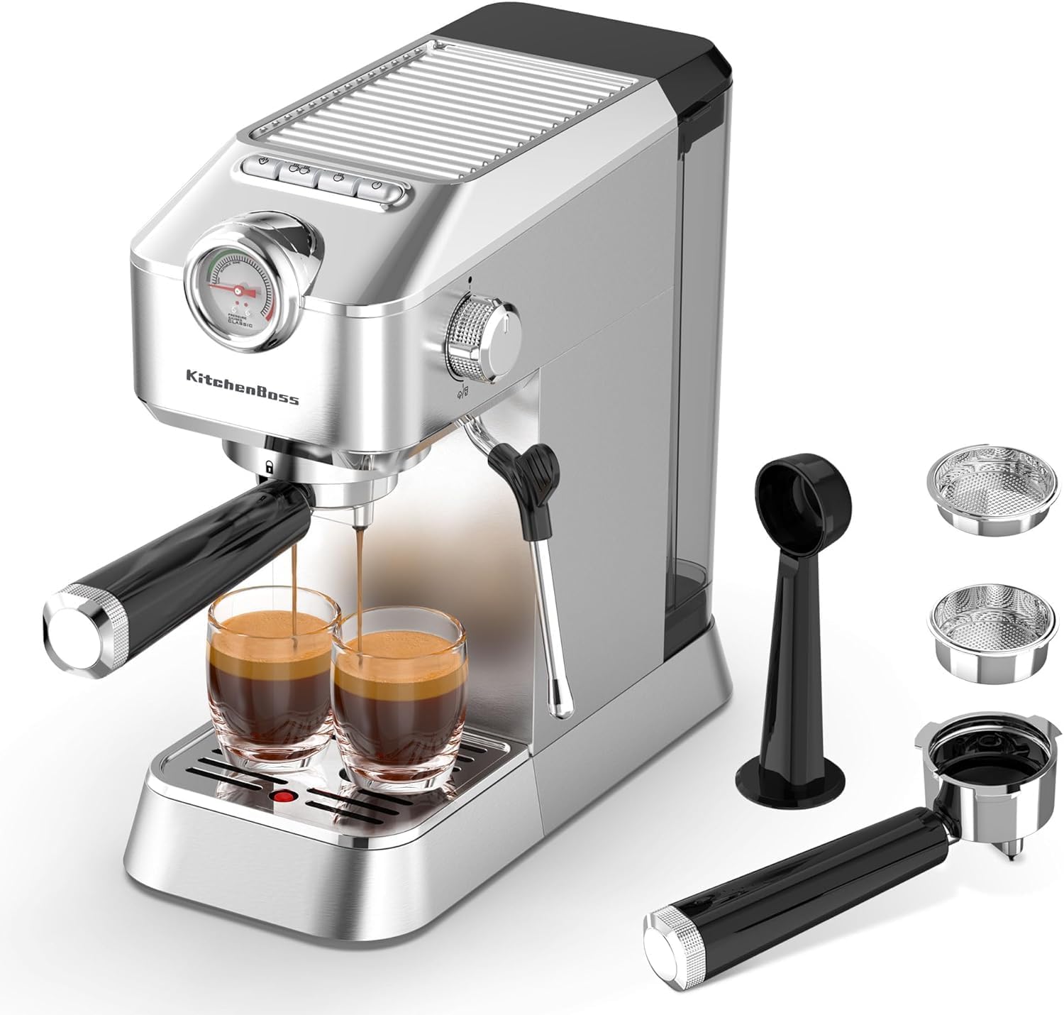 KitchenBoss Espresso Portafilter Machine, Filter Holder: Espresso with Milk Frother, Coffee Machine 15 Bar, with 1.2 L Water Tank