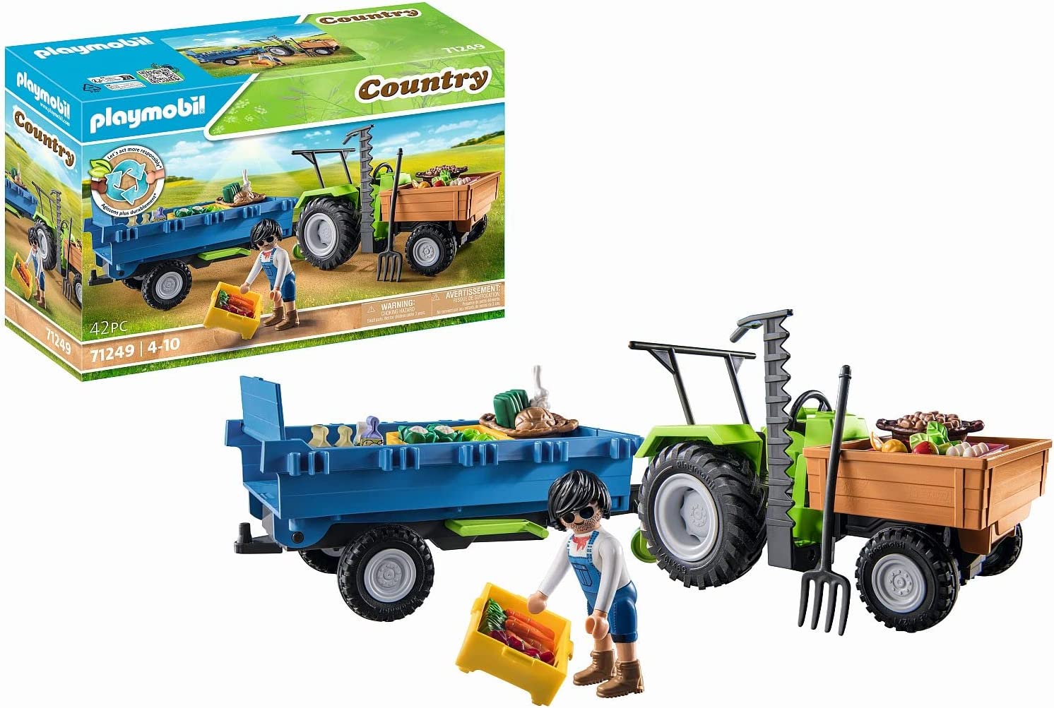 Playmobil Country 71249 Tractor with Trailer and Transport Boxes, Green Tractor for Organic Farm, Sustainable Toy for Children from 4 Years