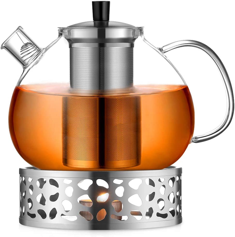 ecooe Glass Tea Pot / Tea Maker, 1500 ml With Removable Stainless Steel Strainer, Glass Jug - For Heating on the Cooker