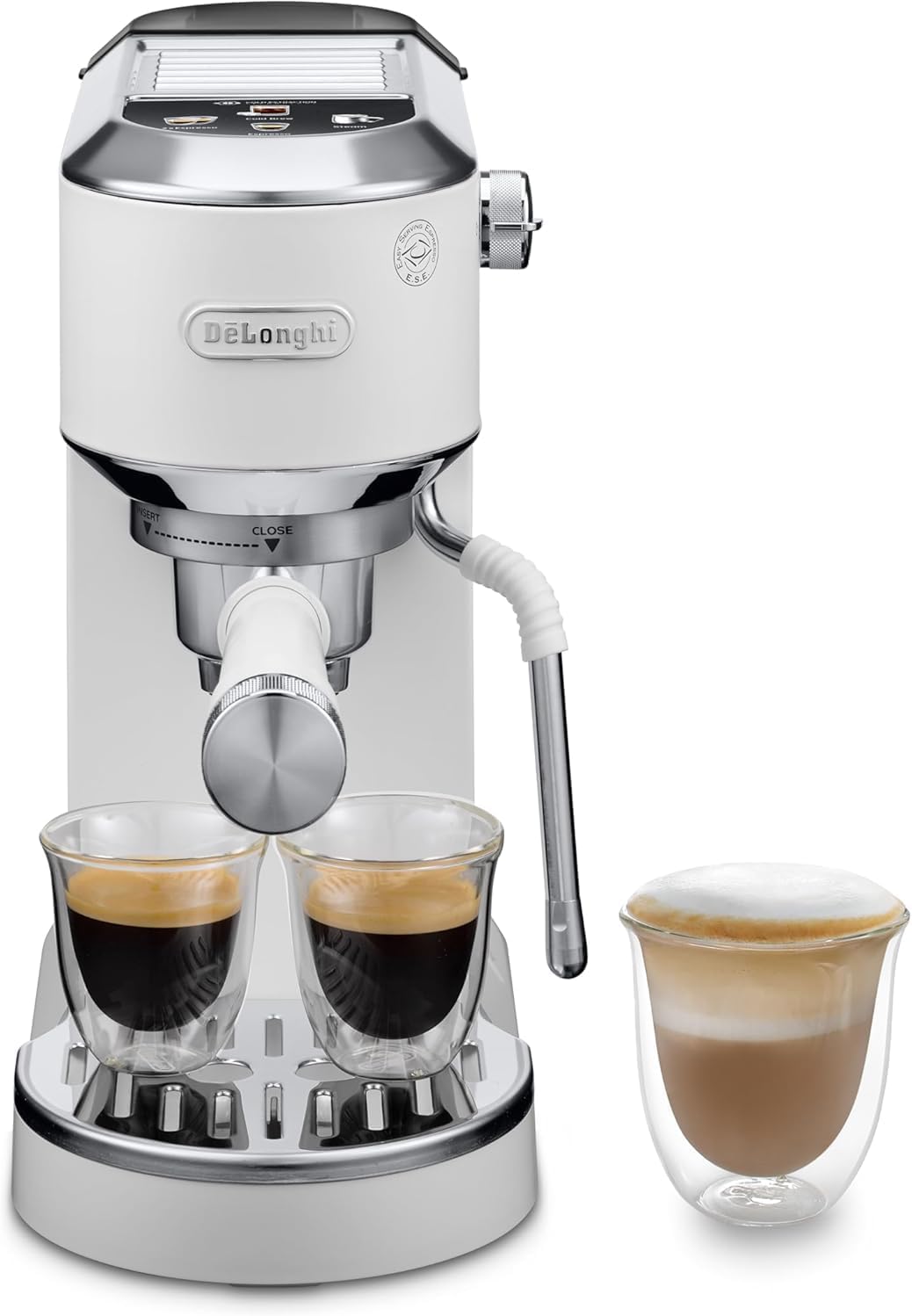 De\'Longhi Dedica Duo EC890.WI Portafilter Machine, Espresso & Cold Brew, 15 Bar, Espresso Machine with Professional Milk Frother, 15 cm Wide, Touch Buttons, 1.1 L Water Tank, Cups up to 13 cm, White