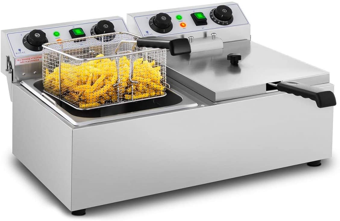 Royal Catering RCTF 10DB Double Fryer Stainless Steel (2 x 3200 W, Capacity: 2 x 10 L, Temperature Range: 50 - 200 °C, Cold Zones, with Timer up to 60 min.)