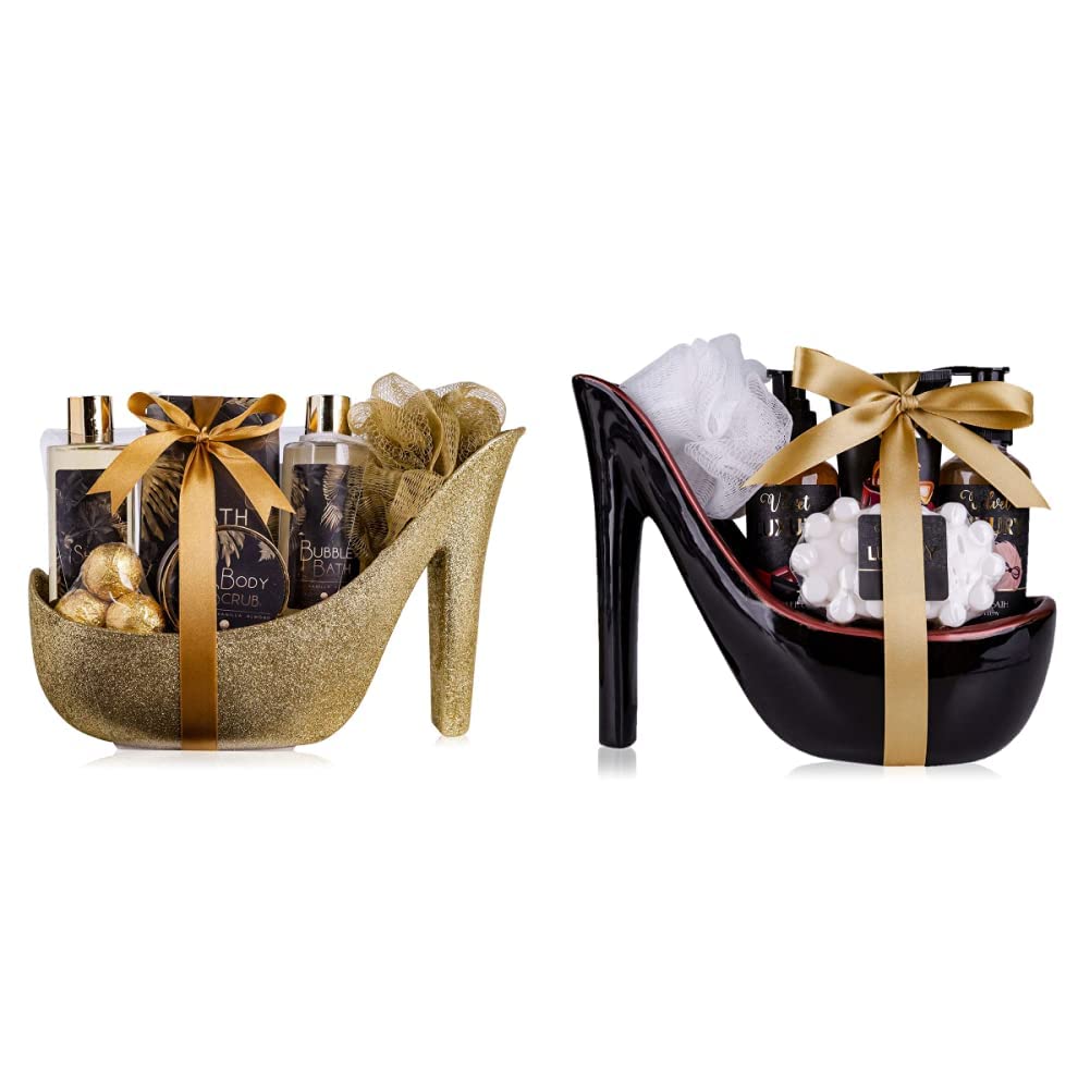 Accentra Luxury Bath Set Gift Set in Beautiful Gold Glitter Pumps & Velvet Luxury Bath Set, Gift Set in Beautiful Ceramic Pump Black/Red
