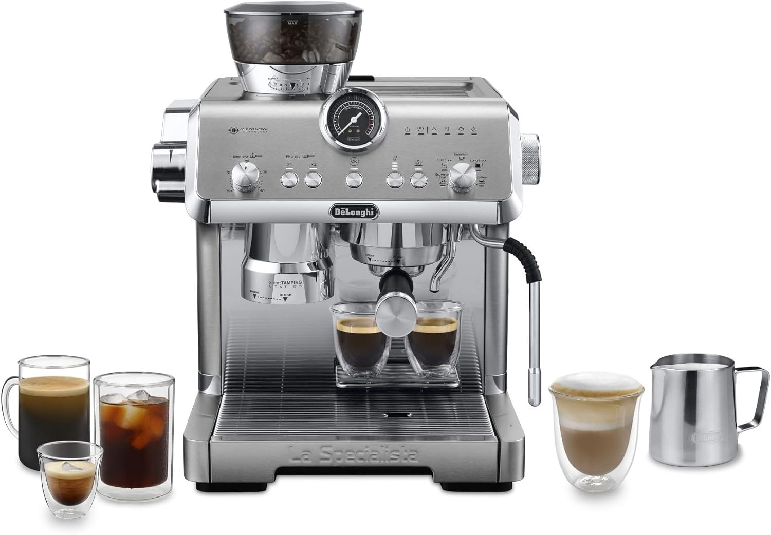 De\'Longhi La Specialista Opera EC9555.M Espresso Portafilter Machine with Cold Brew and Espresso Cool, Professional Milk Frother, Sensor Grinding Technology, Includes Barista Kit, 1550W, Metal