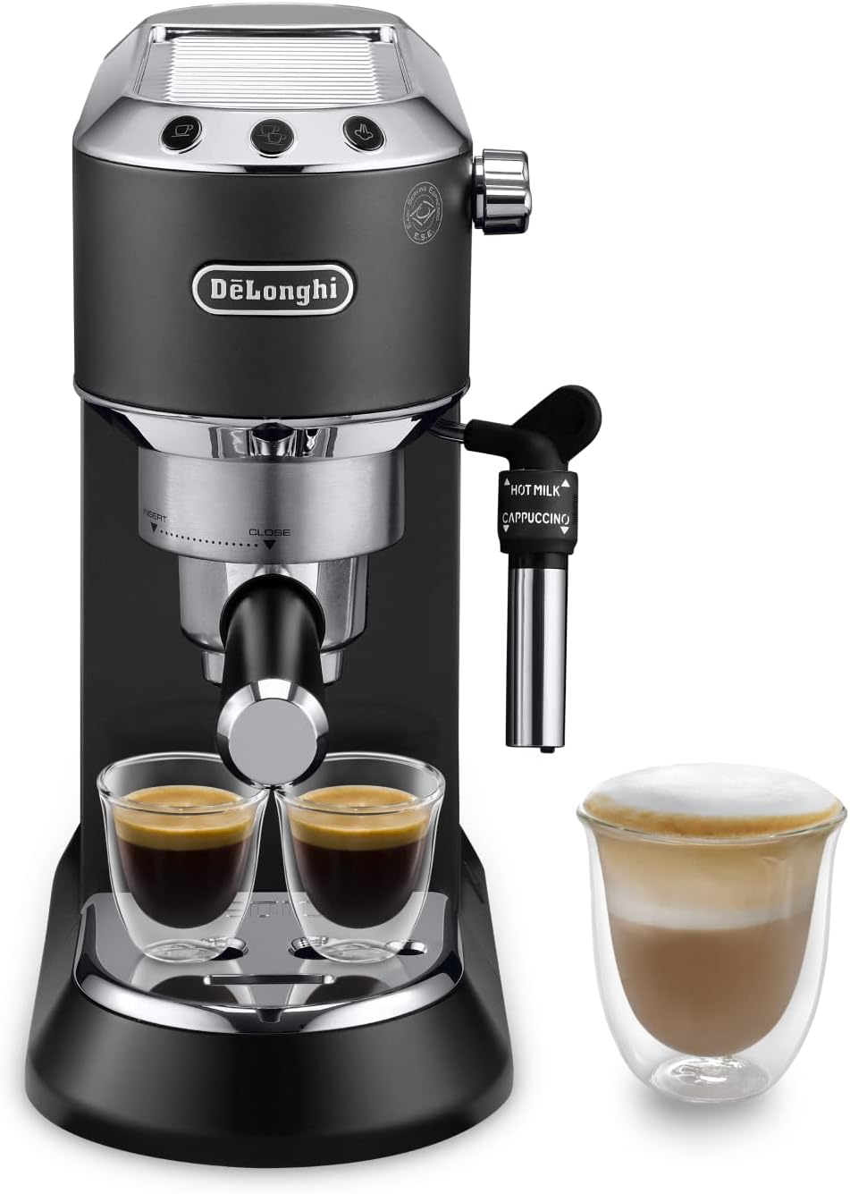 De\'Longhi Dedica Style EC 685.BK Espresso Filter Holder Espresso Machine with Professional Milk Foam Nozzle 15 cm Wide 1 Liter Water Tank Full Metal Casing E.S.E Pads Black