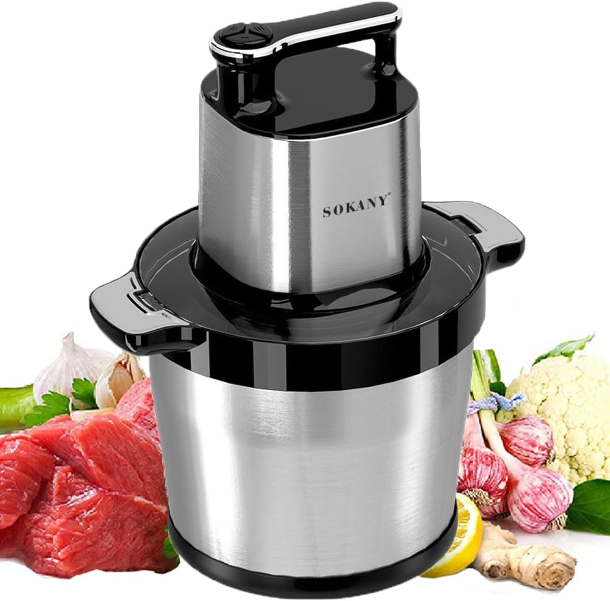 SOKANY 1500 W Electric Kitchen Chopper with 8L Stainless Steel Bowl, Multi Chopper with 3 Speed ​​Levels, Meat Grinder with 6 Blades for Meat, Onions, Fruit, Vegetables