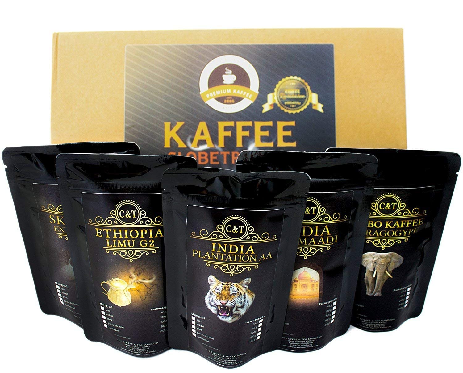 Coffee globetrotter - real rarities - box (whole bean) - 5 times 100g rarities top coffee - they become a discoverer - gift set - countries coffee from all over the world - coffee beans in the gift box