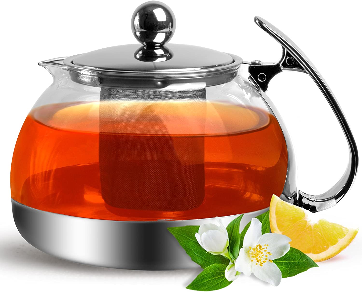 Deuba Glass Teapot with Strainer Insert Removable Stainless Steel 1200 ml Drip Free Heat Resistant Household Glass Jug Tea Strainer