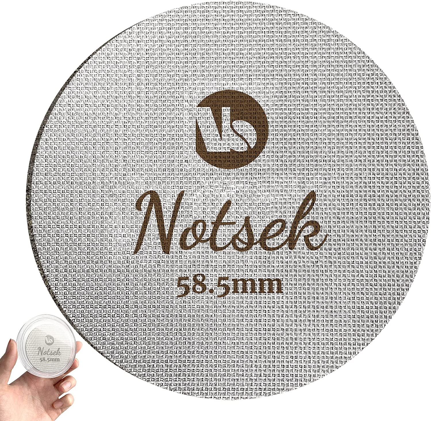 NOTSEK 58.5 mm Coffee Puck Screen with Acrylic Storage Box, Reusable Espresso Puck Screen/Puck Filter/Puck Strainer, 316 Stainless Steel, 1.7 mm Thickness, 150 μm, Coffee Filter Bottom Shower Strainer