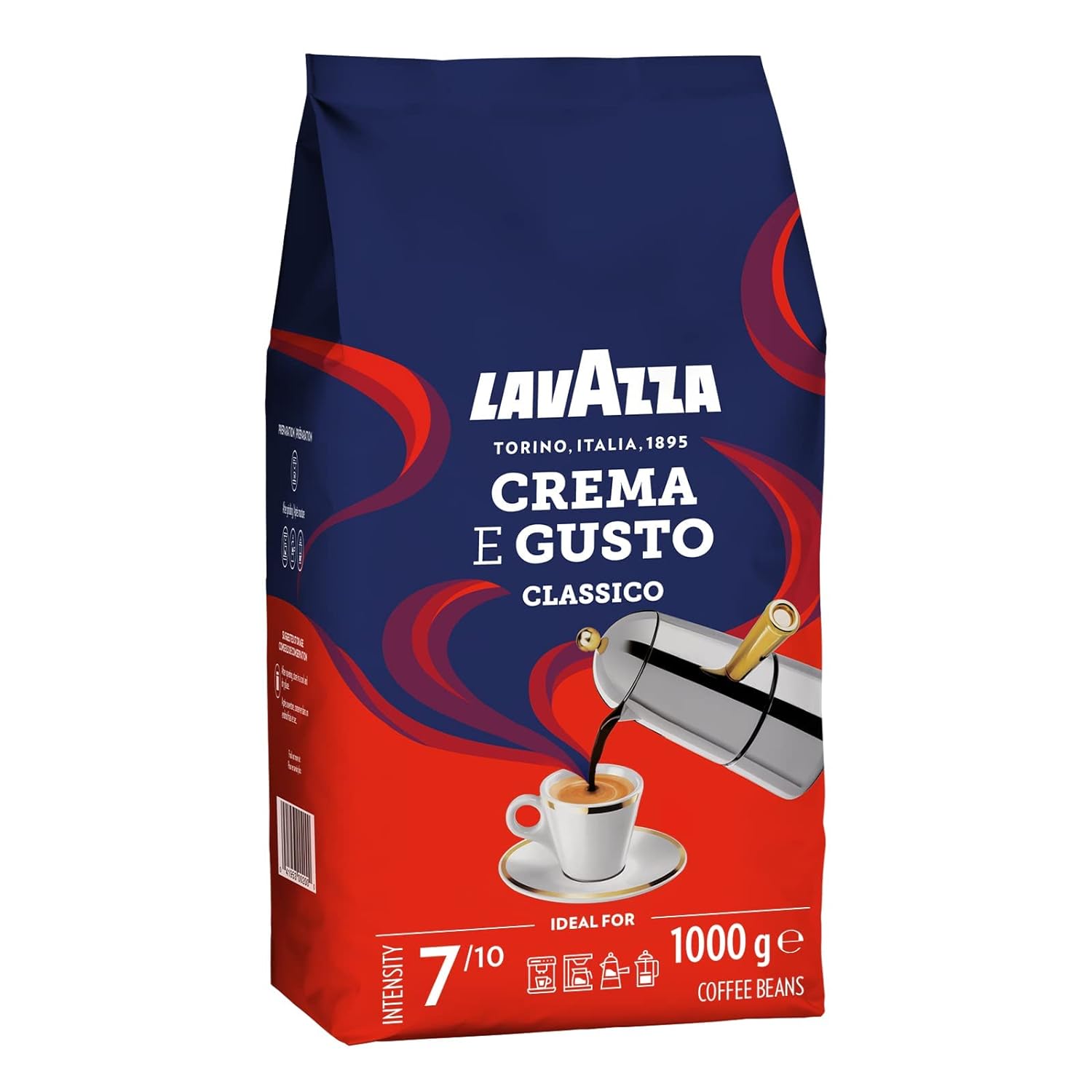 Lavazza, Crema e Gusto Classico, roasted coffee beans, with spicy aromanops, ideal for espresso, arabica and robusta, intensity 8/10, dark roasting, 1 pack with 1 kg