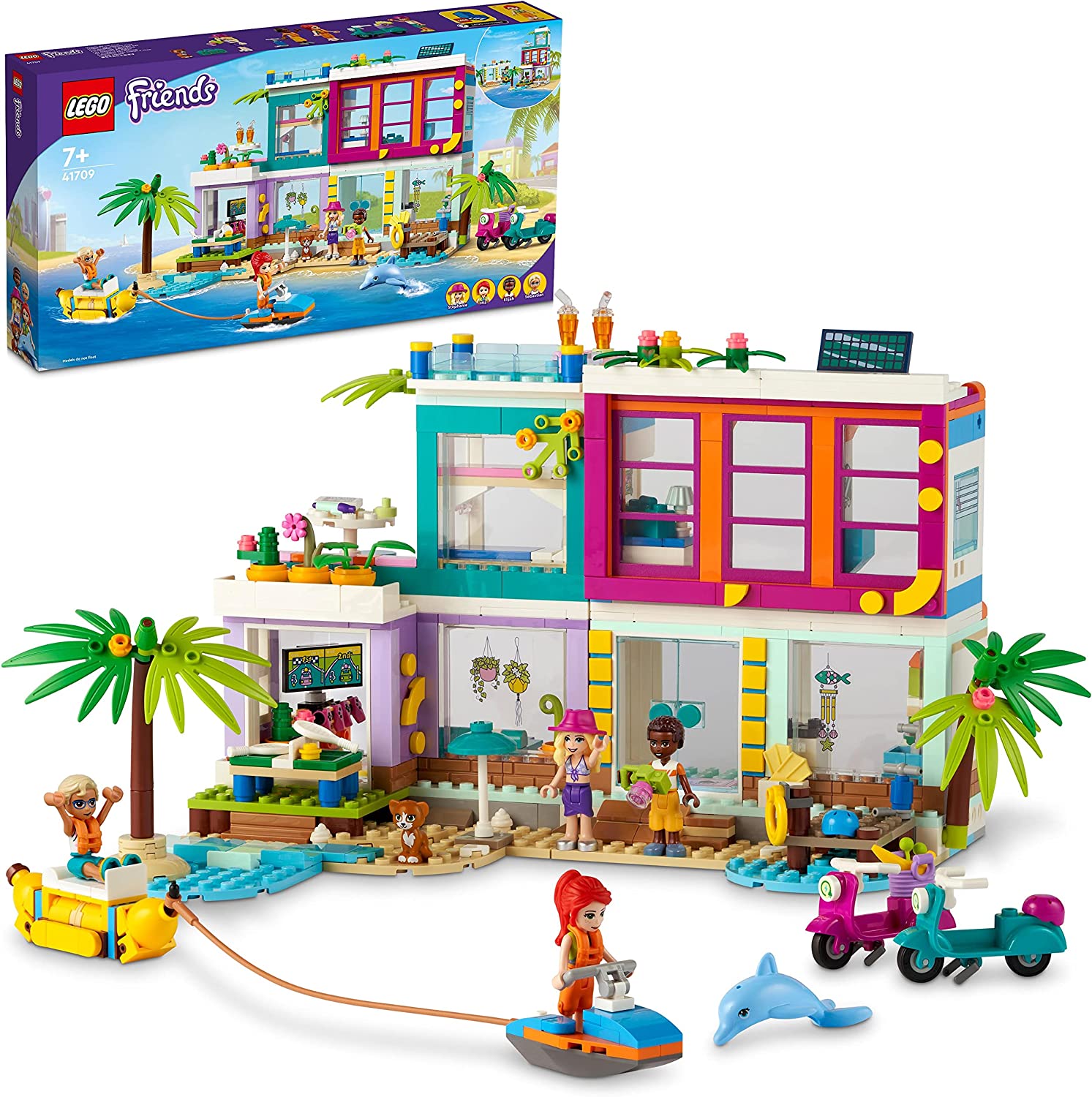 LEGO 41709 Friends Holiday House on the Beach, Dollhouse with Mini Doll Mia, Accessories and a Swimming Pool, Summer 2022 Set