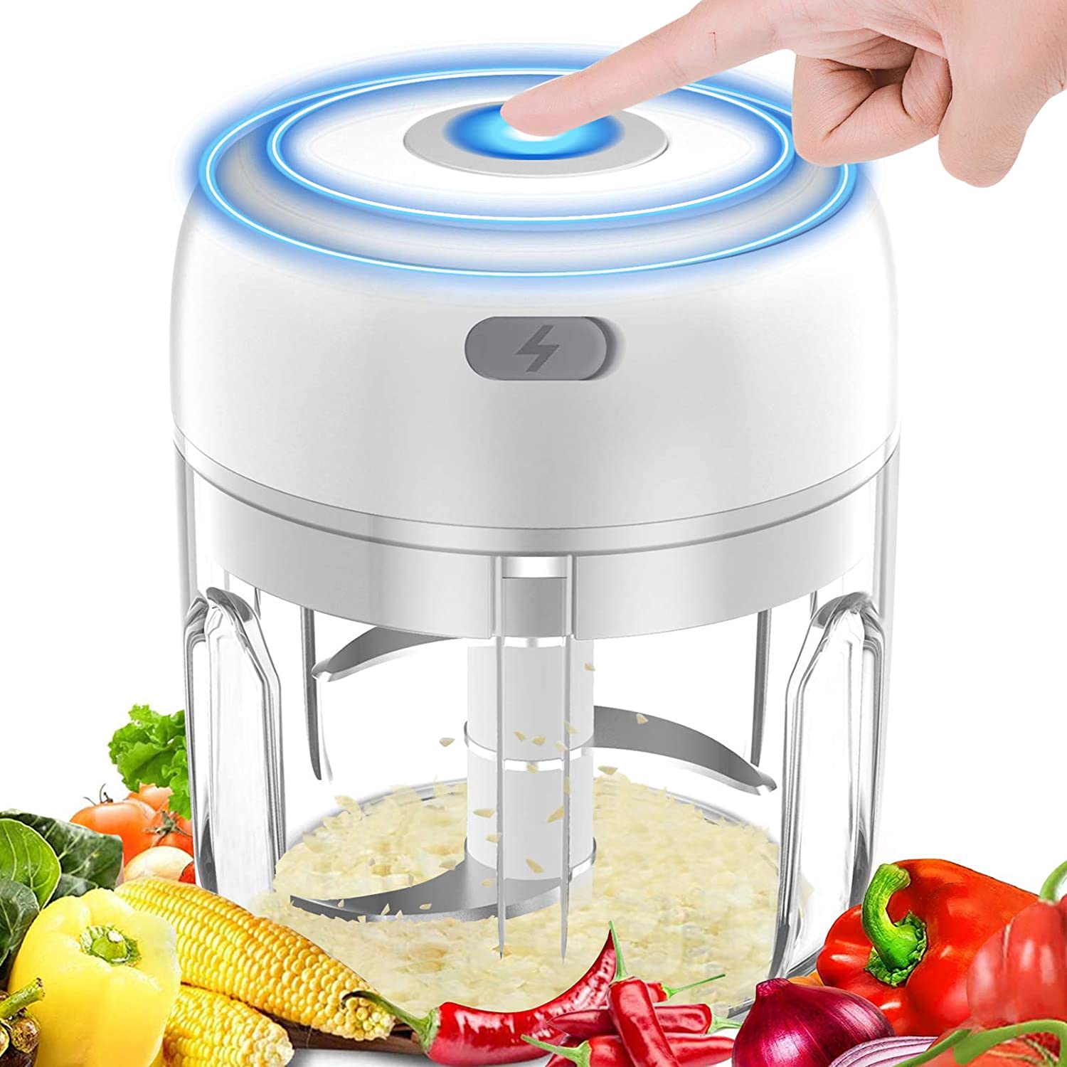 BYXAS Electric Garlic Chopper 250ml Rechargeable Powerful Meat Grinder Portable Chopper for Fruit, Onions, Grinder, Meat and Salad - White