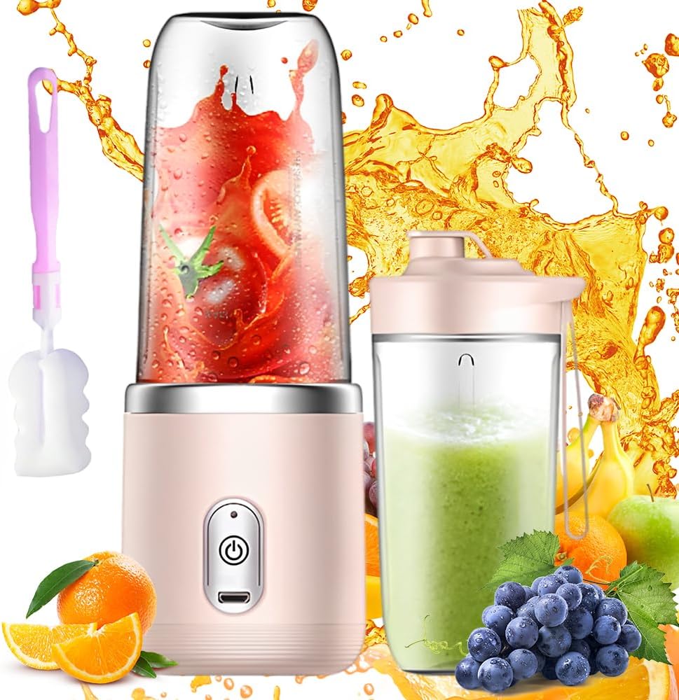 Afenau Portable Blender, 400 ml Portable Blender with Brush and Replacement Cup, USB Charging Stand Mixer, Small, Smoothie Blender for Milkshakes, Juices, Smoothies (Pink)