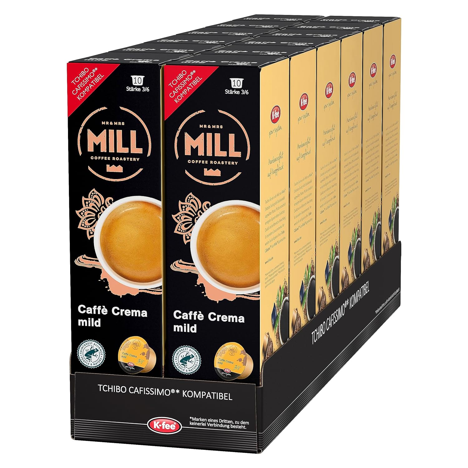 Mr & Mrs Mill Coffee Capsules Caffè Crema Mild, Strength 3/6, Compatible with K-fee & Tchibo Cafissimo*, Rainforest Alliance Certified, 120 Capsules (12 x 10)