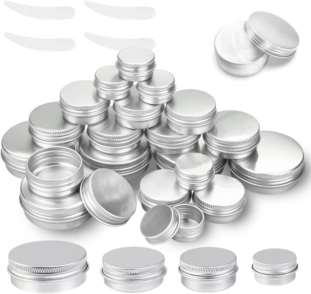 Generic THATSRAD 24 Pieces Aluminium Empty Containers Portable Tin Cans Small 5/10/15/30 ml Mini Cream Jar with Screw Lid Travel Metal Tin Round Refillable Cosmetic Jars for Cream Masks Candles