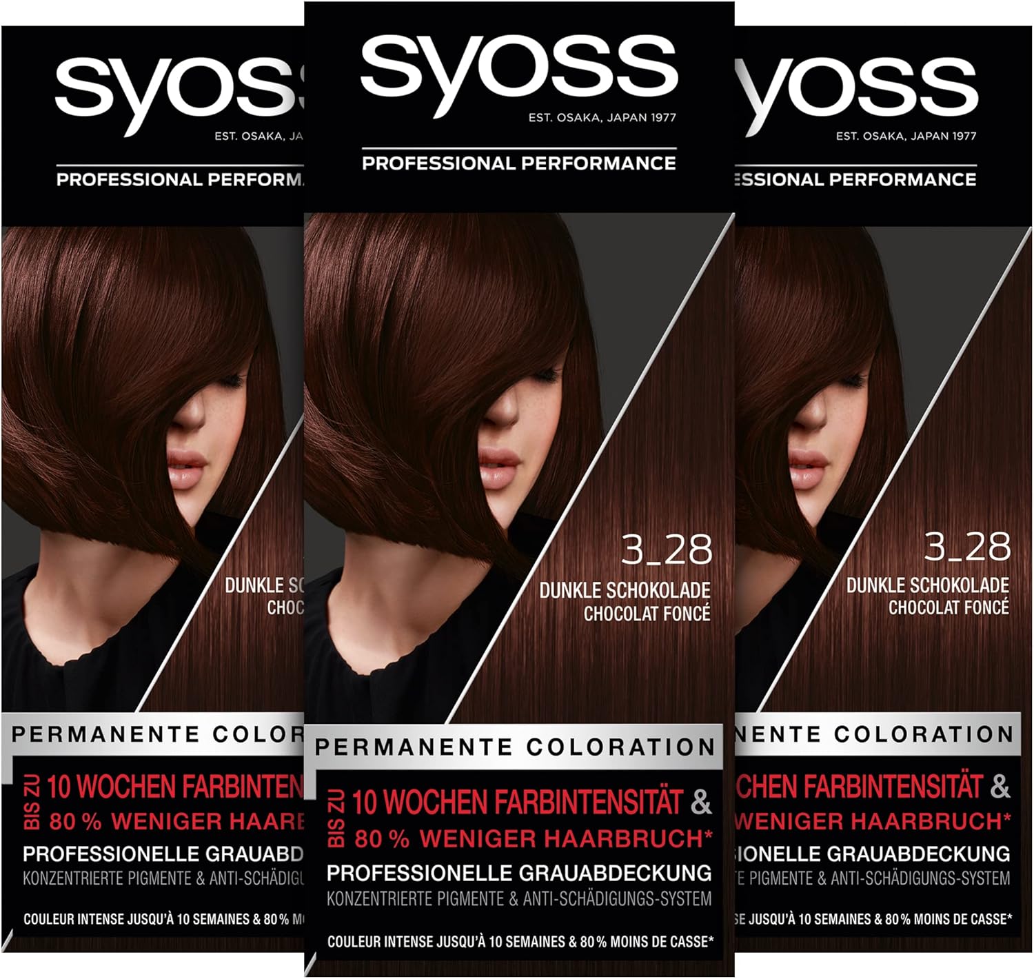 Syoss Color Coloration Hair Dye, 3_28 Dark Chocolate Level 3 (3x 115 ml), Permanent Coloration for up to 10 Weeks of Color Intensity and 70% Less Hair Breakage*