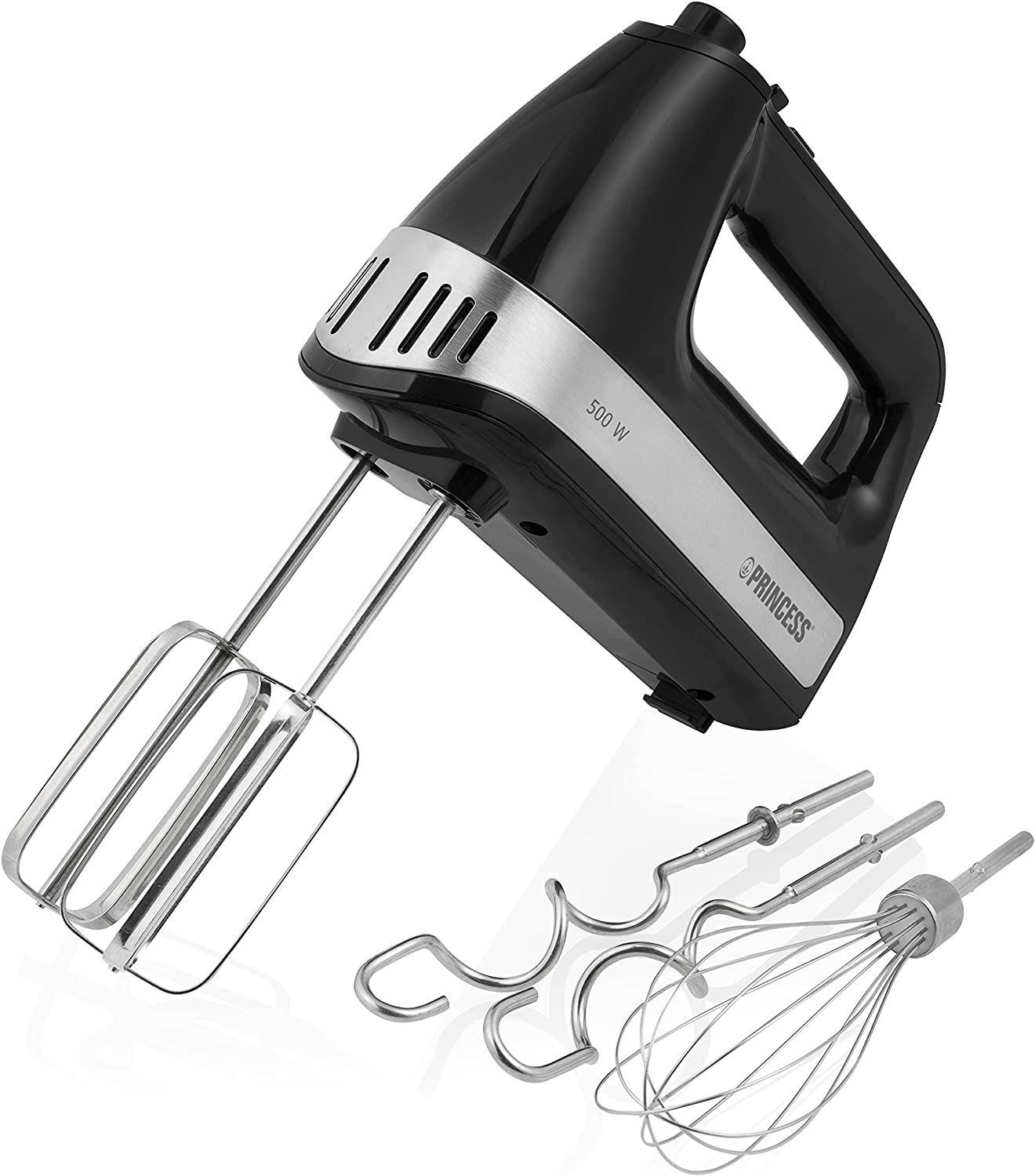 Princess Power 500 Hand Mixer - 3 Mixing Attachments, 5 Mixing Speeds, 500 Watt, with Storage Box, 22206, 01.22206.01.001, Black, Silver