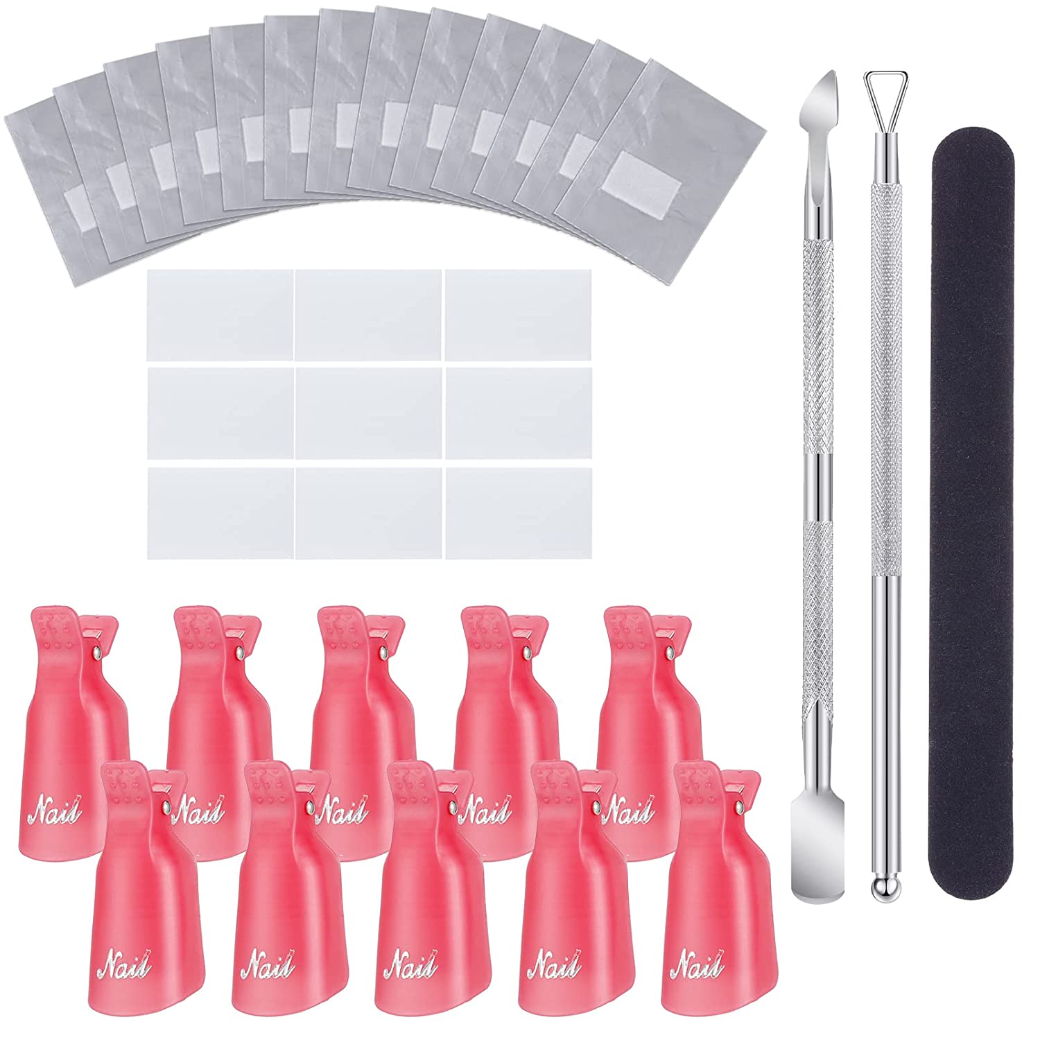 Fanshiontide 100 pieces nail polish remover wraps pads, nail foil remover of aluminium gel + 10 nail clips + cuticle pusher nail file strips aid easy removal