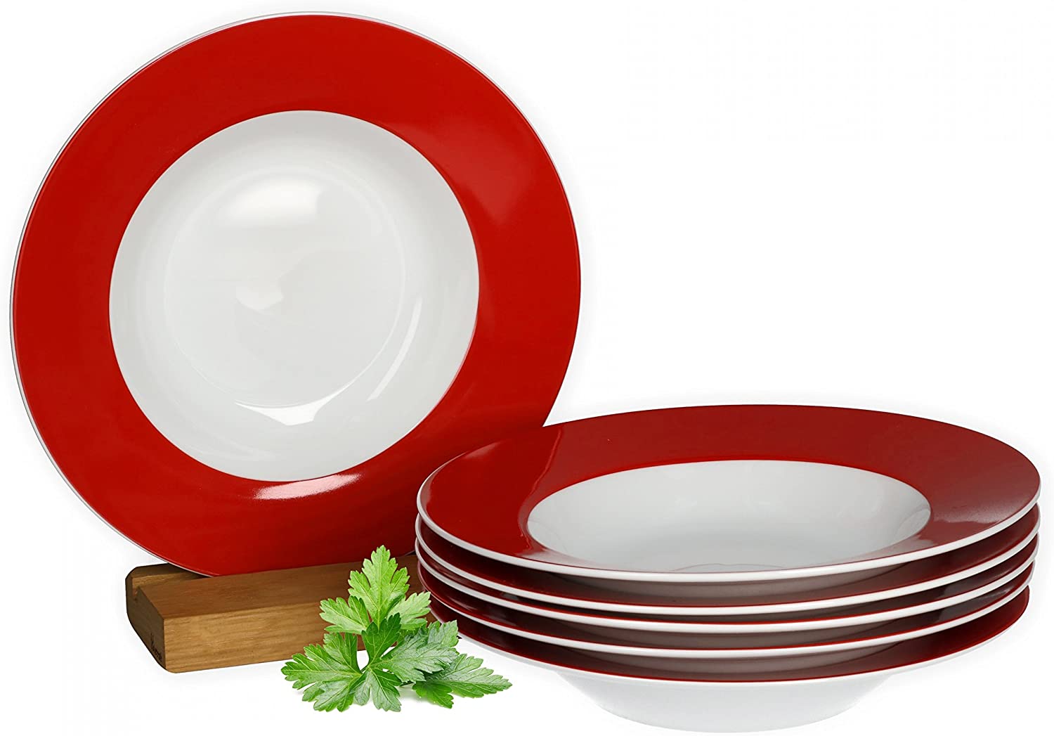 Van Well Vario Soup Plate Set 6 Pieces I Plate Service for 6 People I Deep Pasta Plate 21.5 cm I Porcelain Set White with Red Rim I Salad Plate Microwavable