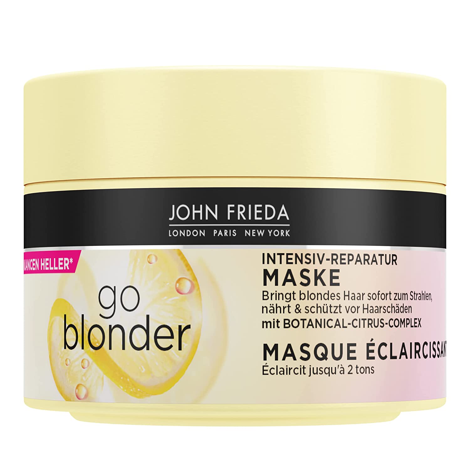John Frieda Go Blonder Mask - Contents: 250 ml - Intensive Repair Hair Treatment - Hair Type: Blonde, Bleached - Protects Against Hair Damage, ‎yellow