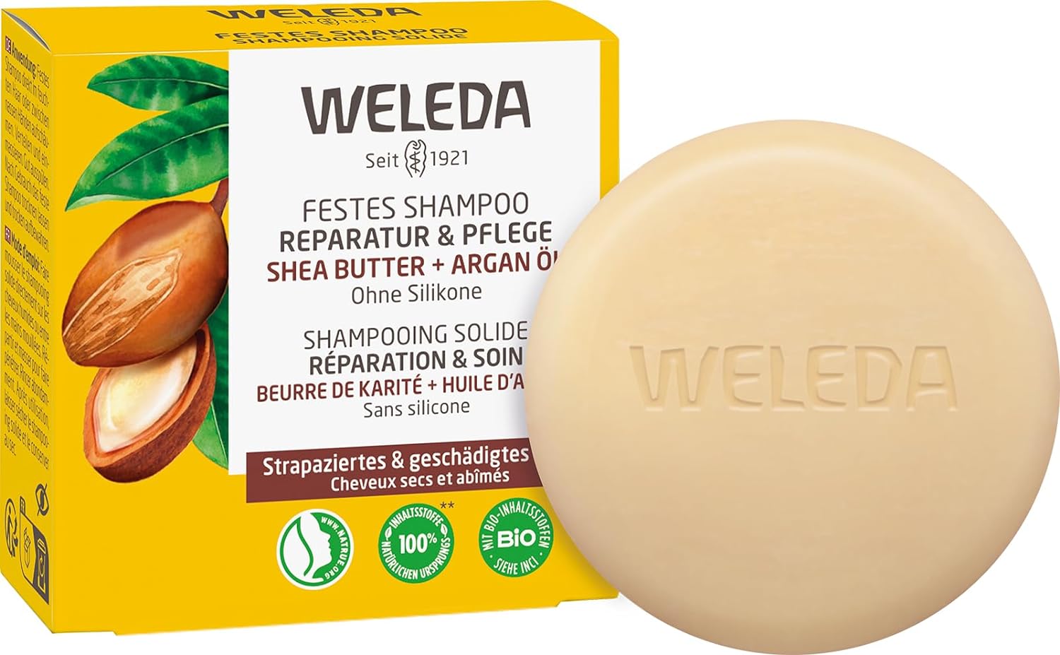 Weleda Organic Solid Shampoo Repair & Care - Natural Cosmetics Hair Care Soap Protects Against Split Ends & Hair Breakage with Organic Shea Butter, Argan Oil & Keratin. Natural Hair Shampoo Without