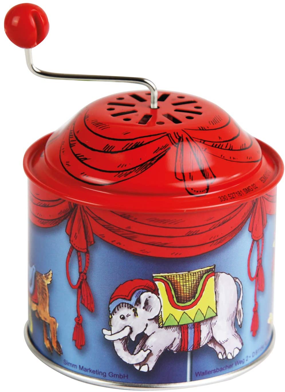 Bolz 52764 Musical Turning Box Carousel Music Box Approx. 10.5 x 7.5 cm Tin Turning Box with Spring Melody Metal Rotating Box for Children from 18 Months / Organ with Animal Motif Colourful