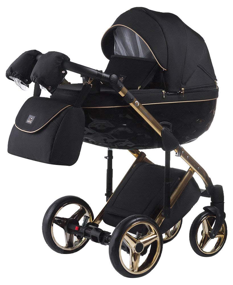 Pushchair Buggy Combination Pram Complete Set + Wiecke Bag with Changing Mattress + Film + Mosquito Net + Cup Holder and Winter Muffs (C1-A Black - Shiny Gold Frame, 2-in-1)