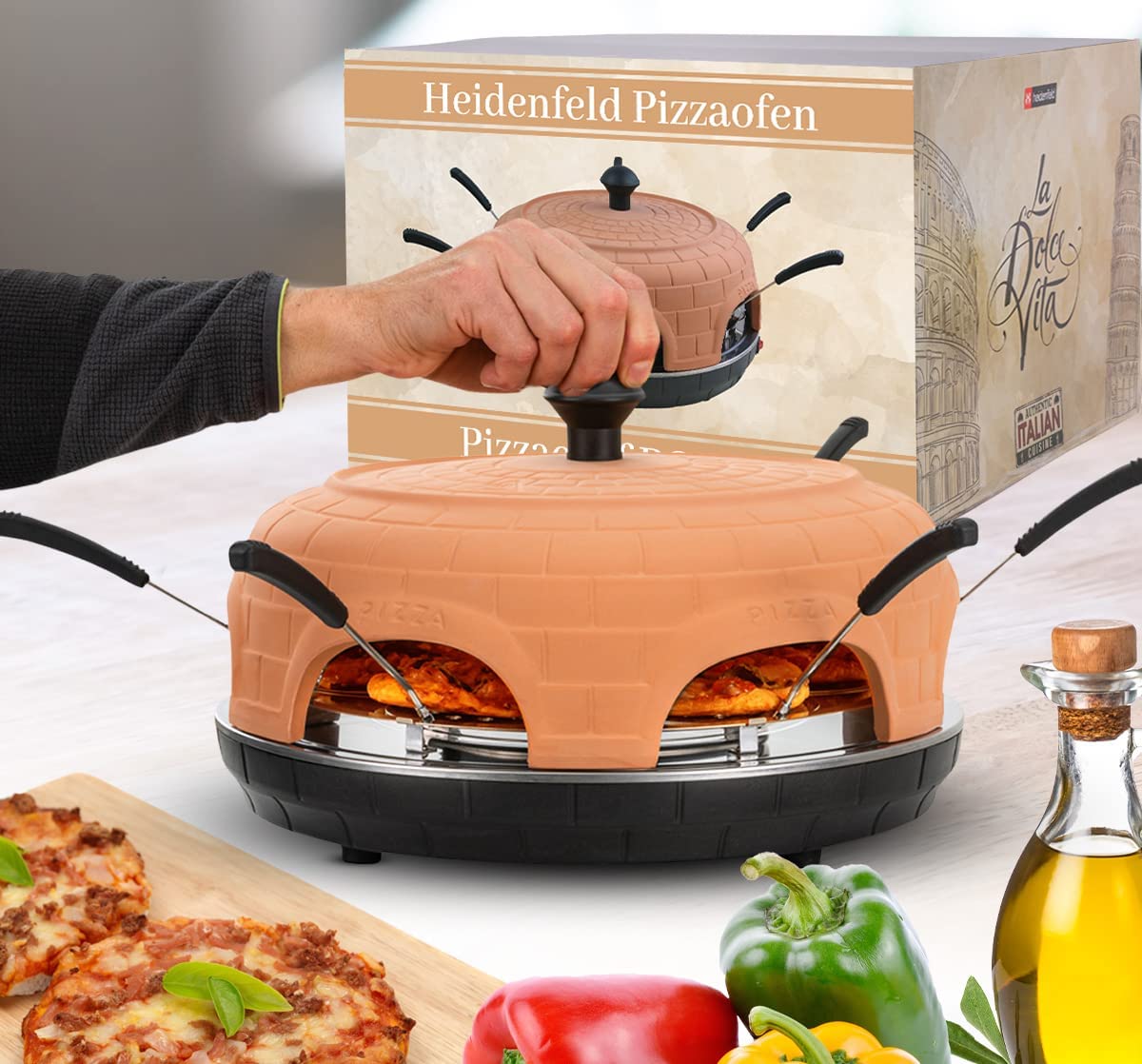 Heidenfeld Pizza Oven Pizza Oven PO100 - Electric Pizza Oven - 1000 Watt - Pizza Maker Including Pizza Shovel - Terracotta Clay Hood - Steel Plate with Handle - Space for 6 Mini Pizzas (Terracotta)