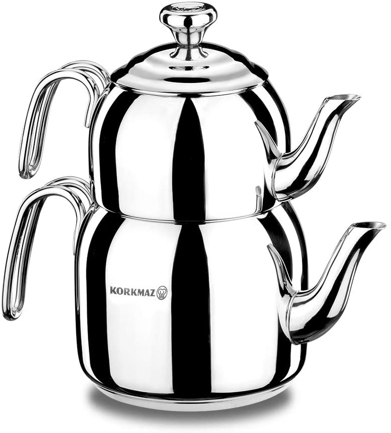 Korkmaz A057 DROPPA Maxi Caydanlik Teapot Stainless Steel for Induction Cookers Ionge Safe in Original Box