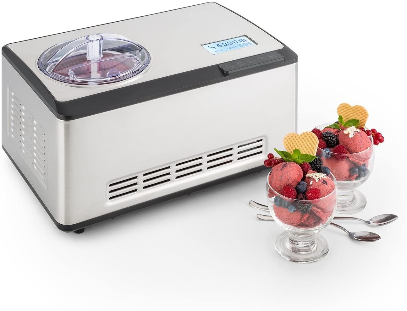 Klarstein Dolce Bacio Ice Cream Maker Compression Ice Machine Also for Sorbet, Frozen Yogurt (2 Litres, 180 Watt, Timer, LCD Display, Touch, Cooling Function, Stainless Steel) Silver
