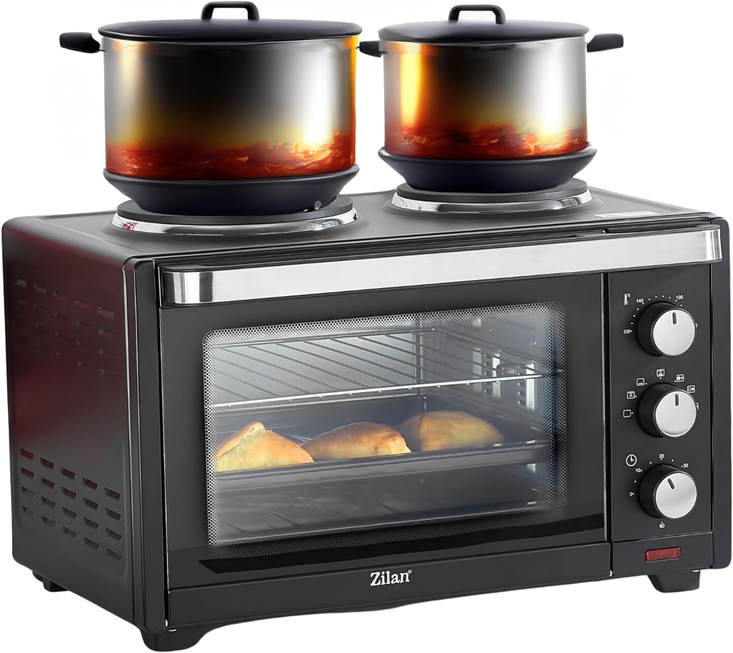 Zilan Mini oven with stove plates 28 liters | Electrical shooting spit | Integrated cooktops | Pizza oven | Miniback oven | Miniofen | 3in1 oven | Krümmlech | Upper/bottom heat | Energy -saving