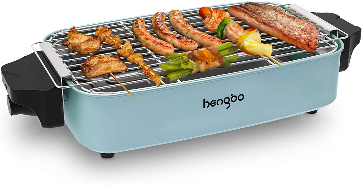 HengBo Electric Grill Table Grill Electric Balcony Grill Electric Indoor Grill Smokeless Adjustable Temperature Removable Design Grill Surface 38 cm x 24 cm for up to 5 People 1800 W Light Blue