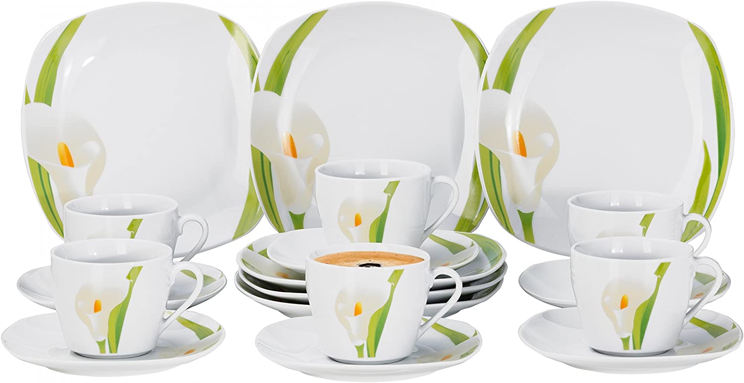 Van Well Calla 18-Piece Coffee Service Set for 6 People, Coffee Cups + Saucers + Cake Plate, White Blossom, Plant Decor, Porcelain Crockery, Gastro